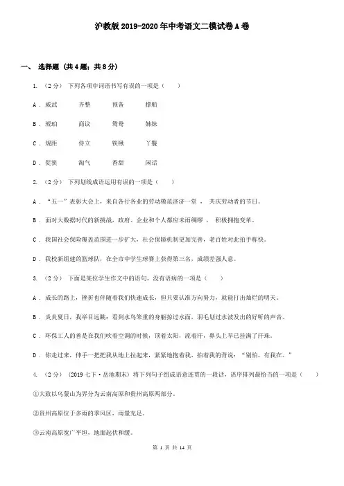 沪教版2019-2020年中考语文二模试卷A卷