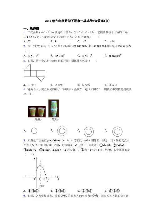 2019年九年级数学下期末一模试卷(含答案)(1)
