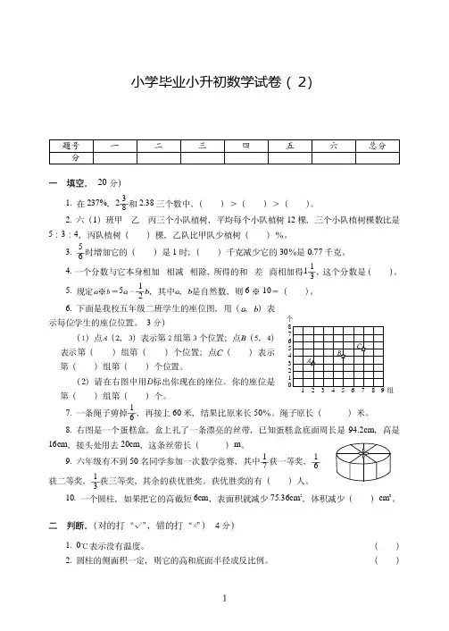 2019-2020小学毕业小升初数学试卷附试题答案( 2)