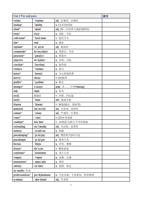 2019版外研社高中英语必选择性必修三Unit 3 War and peace 单词表