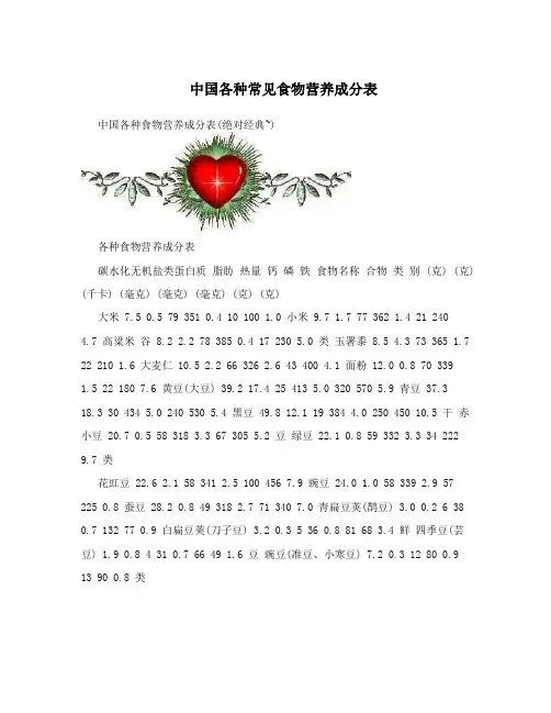 中国各种常见食物营养成分表