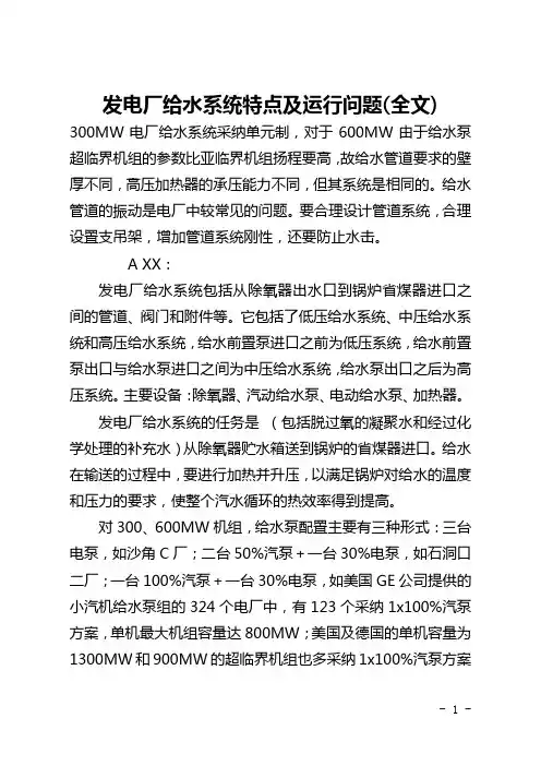 发电厂给水系统特点及运行问题(全文)