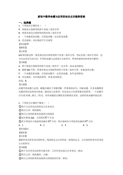 新初中数学命题与证明的知识点训练附答案