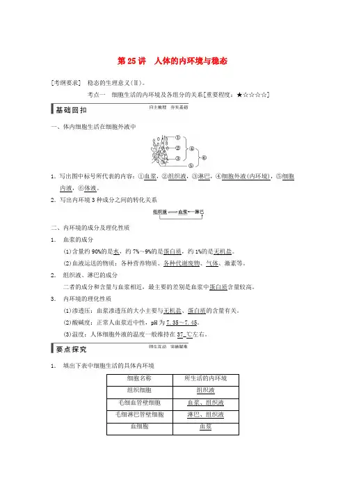 2015届高考生物一轮总复习精品讲义 第25讲 人体的内环境与稳态 新人教版