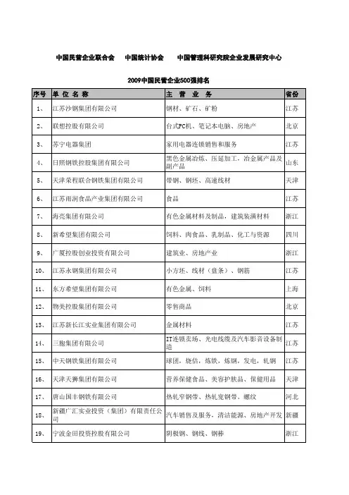 2009年中国民营企业500强排名