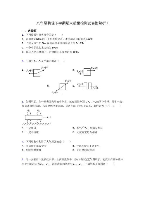 八年级物理下学期期末质量检测试卷附解析1