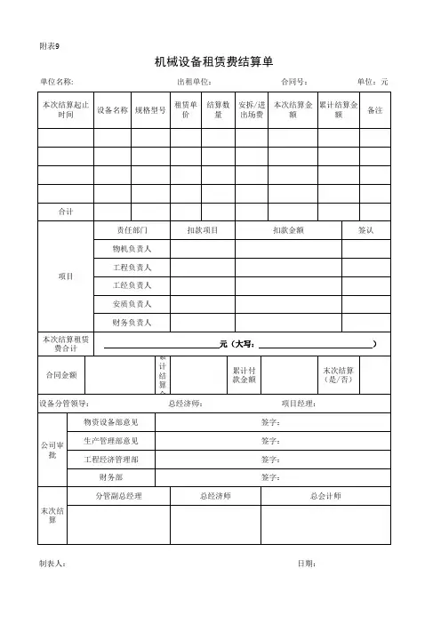 机械设备租赁费结算单