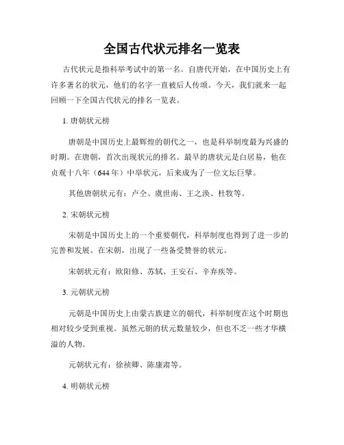 全国古代状元排名一览表