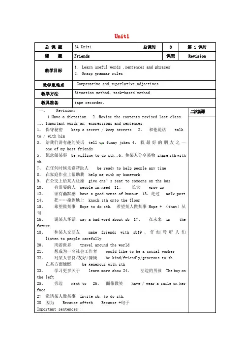 【译林版】八年级英语上册：Unit 1 Friends教案