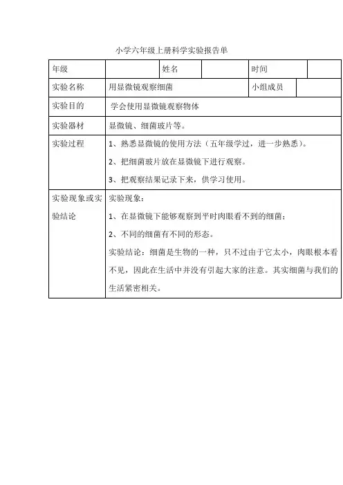 小学六年级上册科学实验报告单用显微镜观察细菌