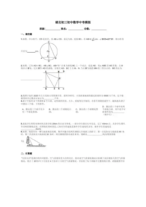 湖北初三初中数学中考模拟带答案解析
