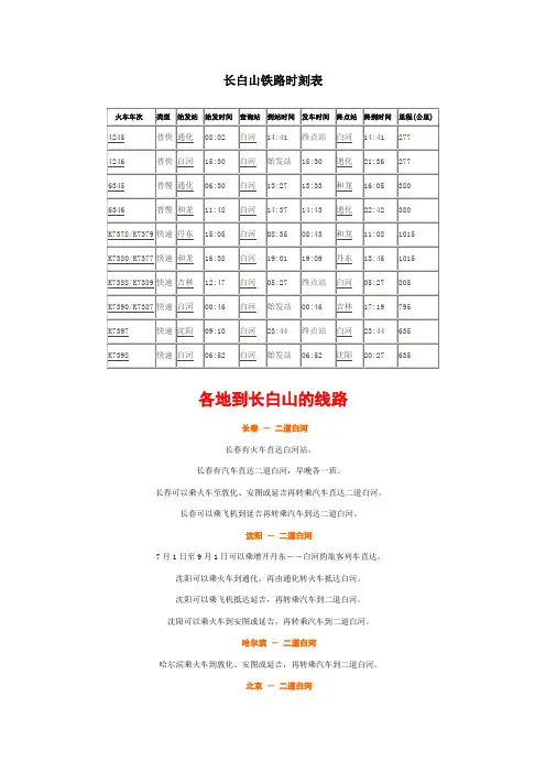 长白山铁路时刻表