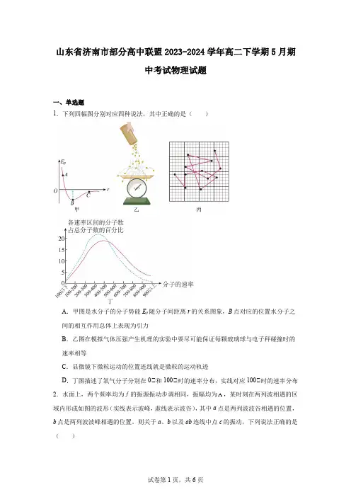 山东省济南市部分高中联盟2023-2024学年高二下学期5月期中考试物理试题