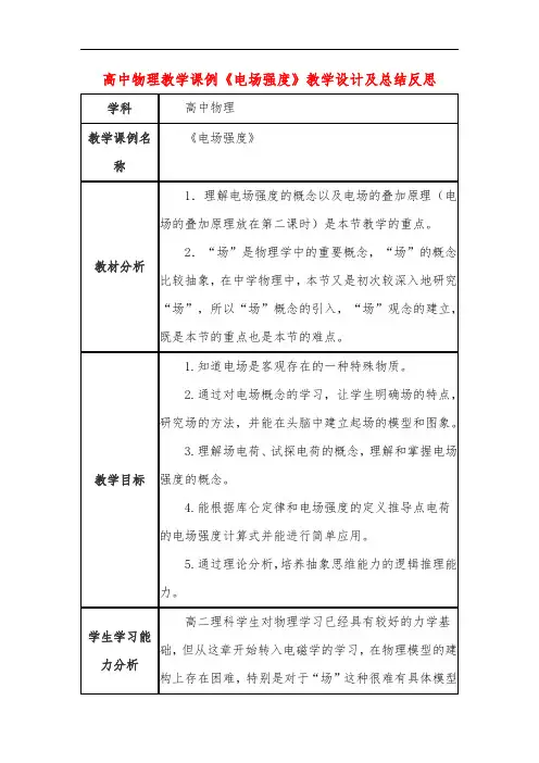 高中物理教学课例《电场强度》课程思政核心素养教学设计及总结反思