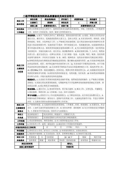 二级甲等医院药剂科药品质量验收员岗位说明书