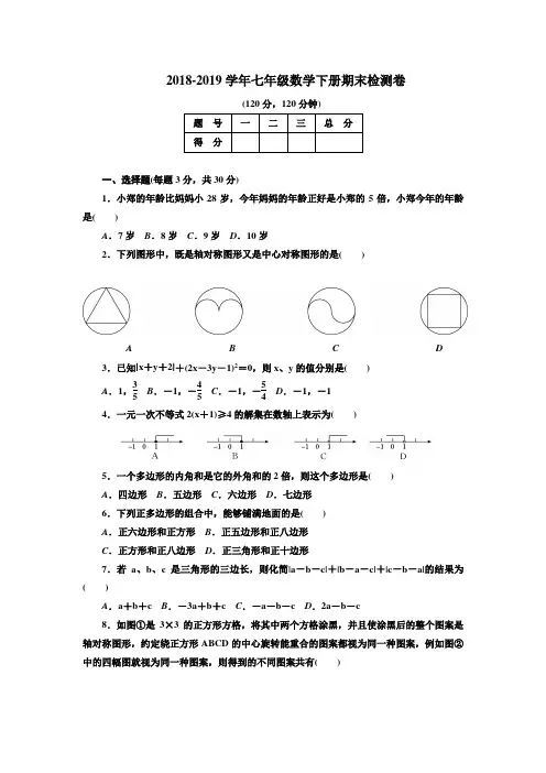 2018-2019学年华东师大版数学初一下册期末测试卷及答案