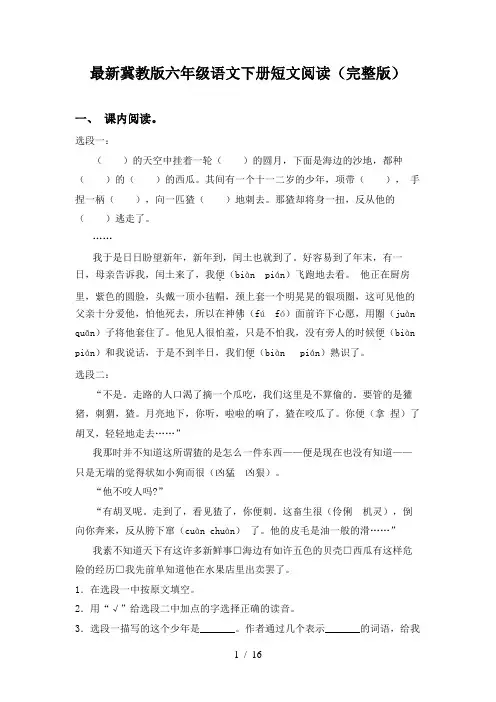 最新冀教版六年级语文下册短文阅读(完整版)