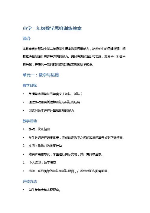 小学二年级数学思维训练教案