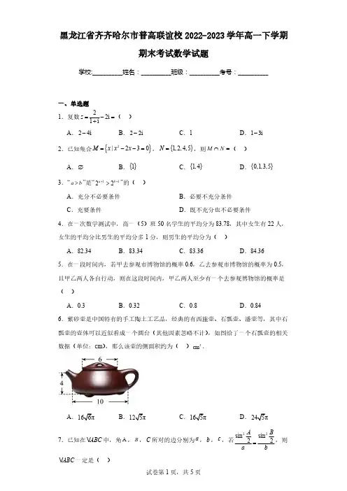 黑龙江省齐齐哈尔市普高联谊校2022-2023学年高一下学期期末考试数学试题(原卷版)