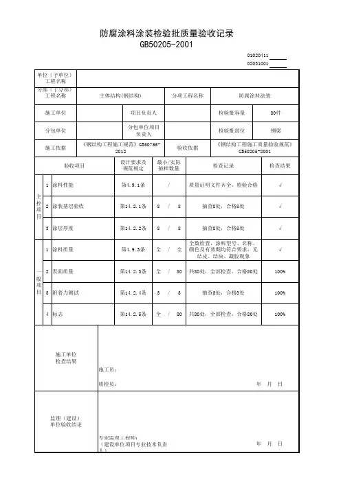 防腐涂料涂装检验批质量验收记录