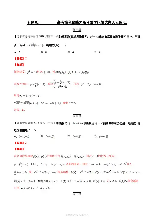 专题01(第二篇)-备战2121年高考满分秘籍之数学压轴题天天练(解析版)