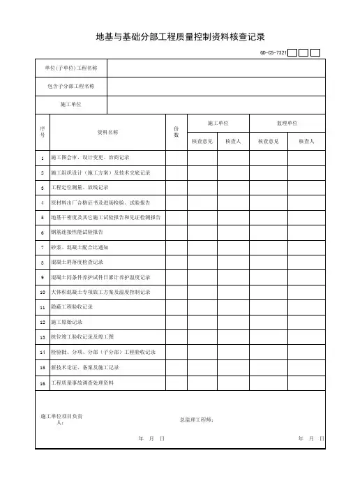 地基与基础分部工程质量控制资料核查记录