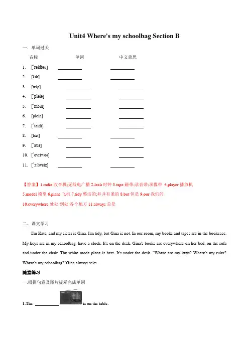 人教新目标版小升初英语衔接必备知识： Unit4 Where's my schoolbag Section B(解析版)