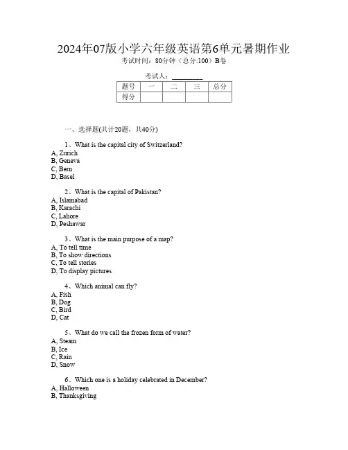 2024年07版小学六年级第三次英语第6单元暑期作业