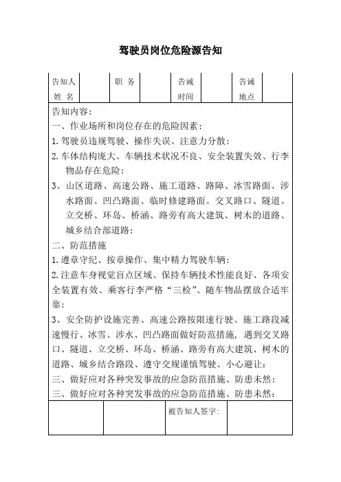 驾驶员岗位危险源告知