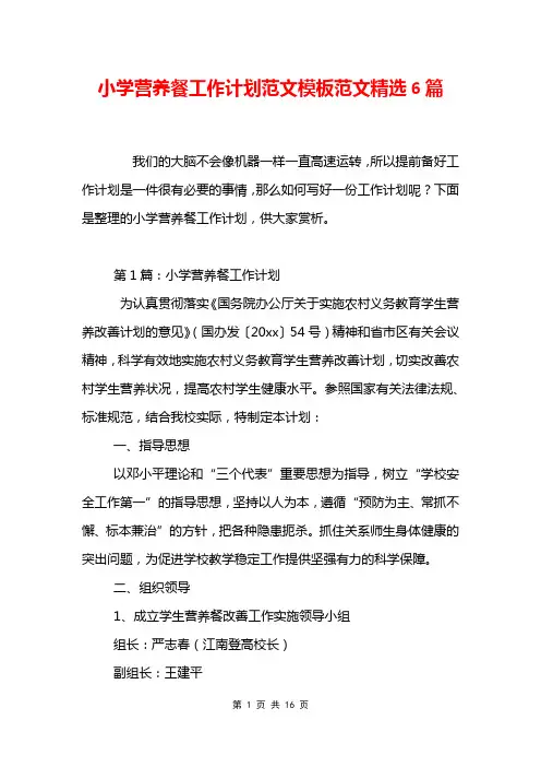 小学营养餐工作计划范文模板范文精选6篇