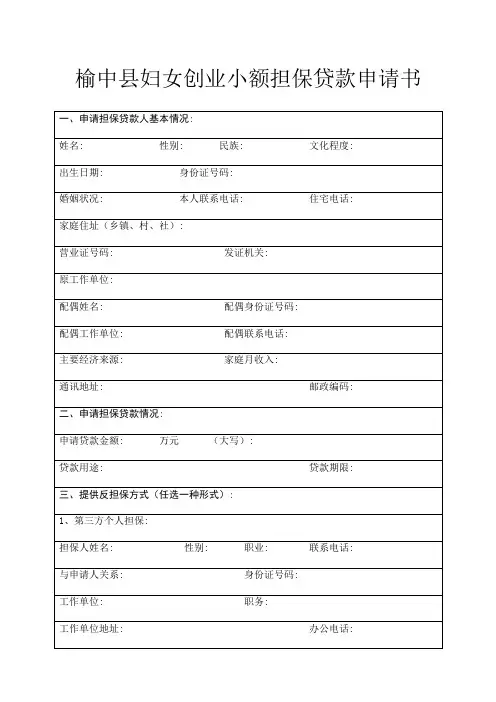 榆中县妇女创业小额担保贷款申请书