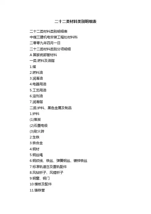 二十二类材料类别明细表