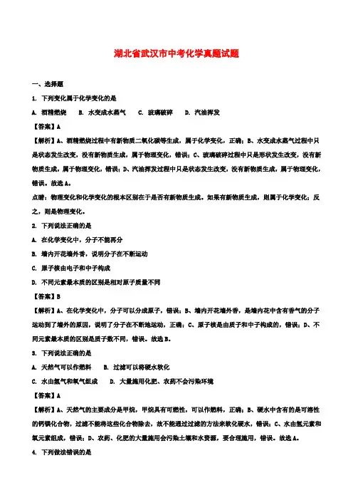 湖北省武汉市中考化学真题试题(含解析)
