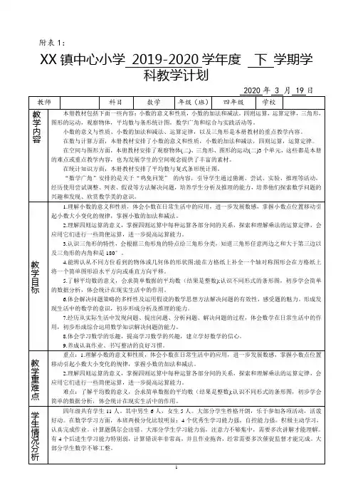 2020年人教四年级数学下册教学计划