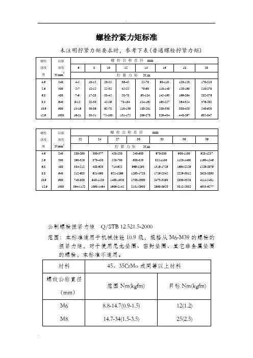 螺栓拧紧力矩标准-全
