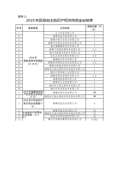 2019年区级自主知识产权扶持资金安排表【模板】