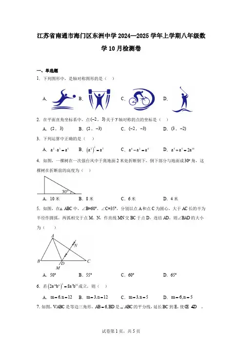 江苏省南通市海门区东洲中学2024—2025学年上学期八年级数学10月检测卷