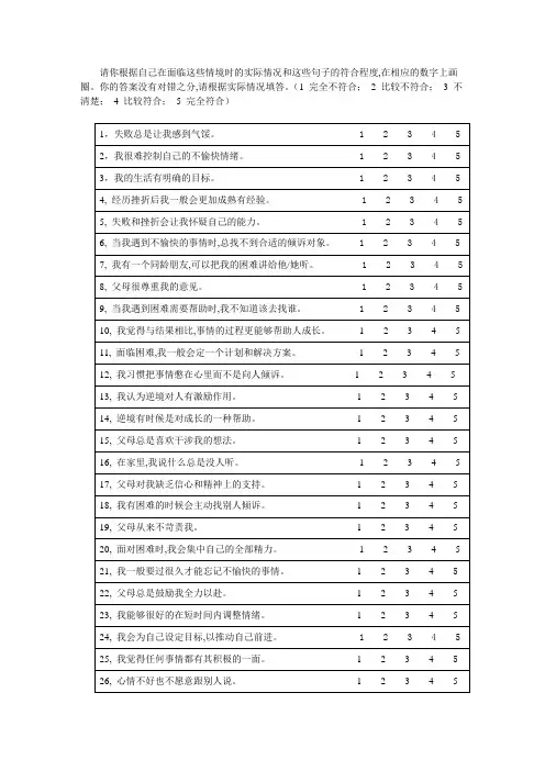 青少年心理弹性量表