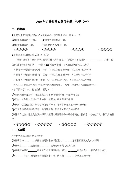 六年级下册试题--2019年小升初语文复习专题：句子(一)(全国通用版,含答案)