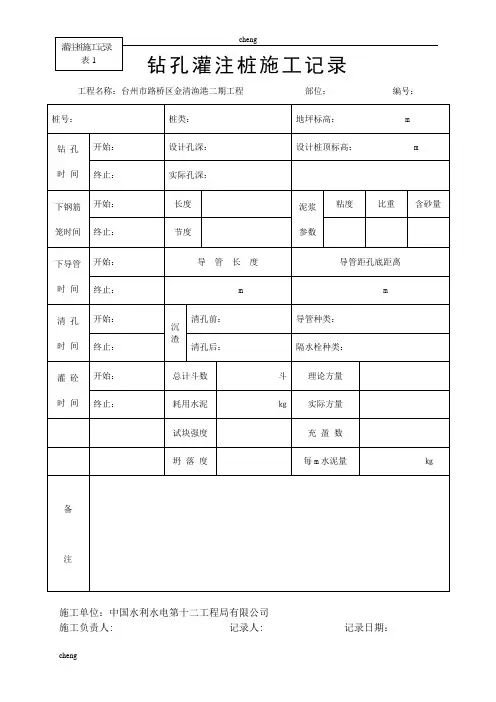 钻孔灌注桩施工作业记录表(范本)