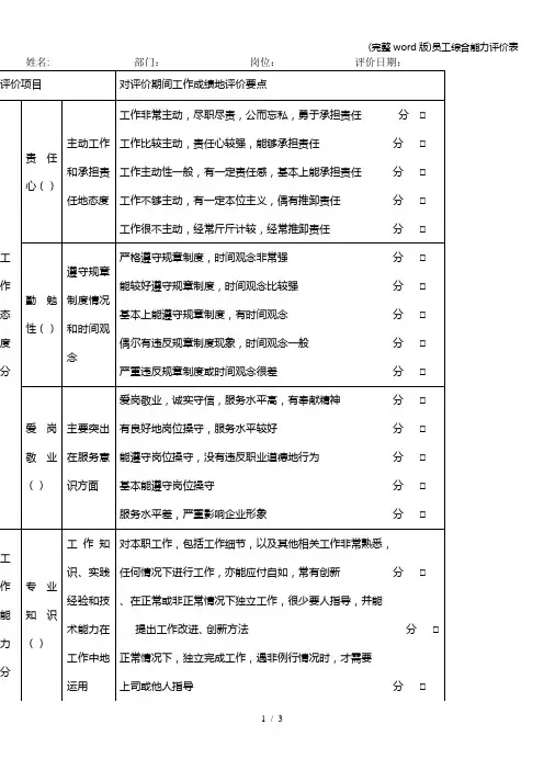 (完整word版)员工综合能力评价表