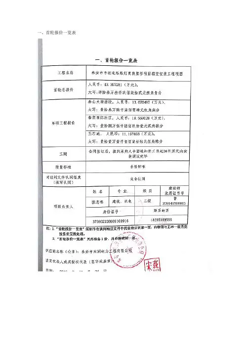 一、首轮报价一览表