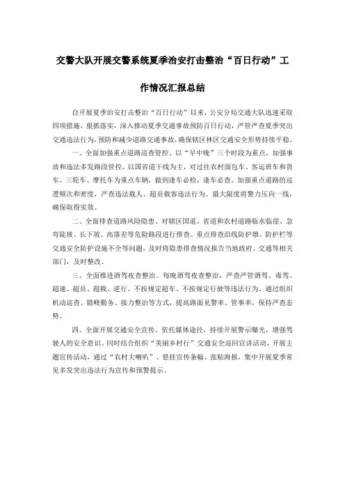 交警大队开展交警系统夏季治安打击整治行动工作情况汇报总结