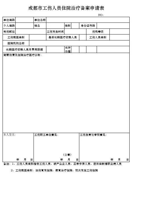 成都市工伤人员住院治疗备案申请表