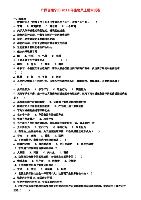 广西省南宁市2019年生物八上期末试卷