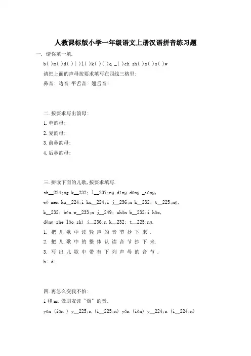 人教课标版小学一年级语文上册汉语拼音练习题