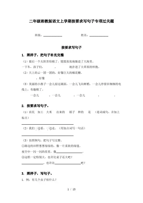 二年级湘教版语文上学期按要求写句子专项过关题