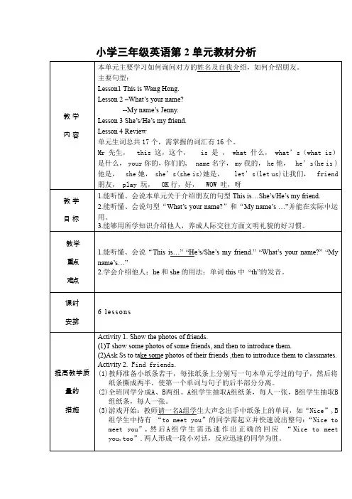 鲁科版英语三年级上册Unit 2《Introduction》教材分析