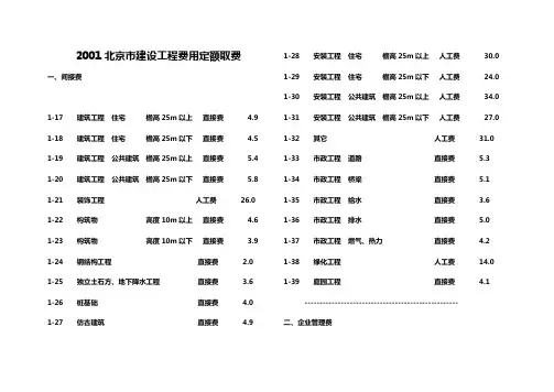 2001北京市建设工程费用定额取费