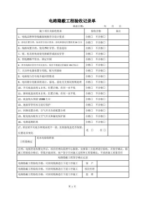 电路隐蔽工程验收记录单